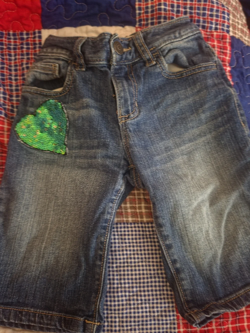 Old Navy Blue Denim Shorts with Green Sequin Heart